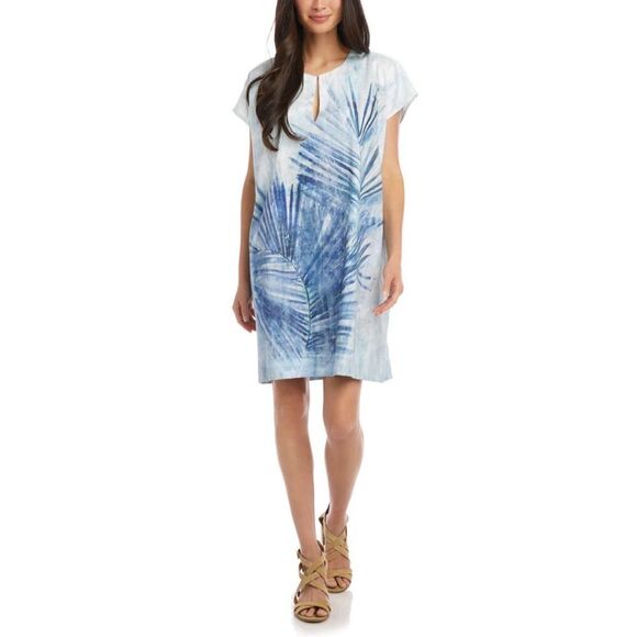 Karen Kane White and Blue Leaf Print Tie Dye Shift Dress Size Small - Picture 1 of 6